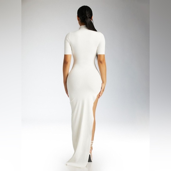 Naked wardrobe White The Snatched T Dress Short Sleeve Mock Neck Maxi W/Slit - Picture 6 of 8